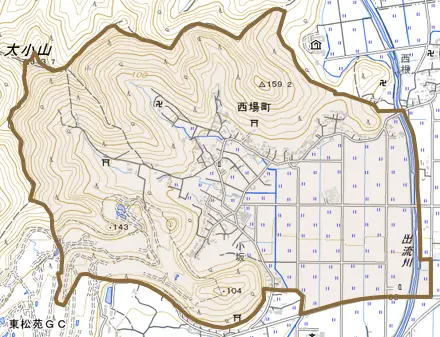 西場町とその周辺の地図。町の範囲を重ねている