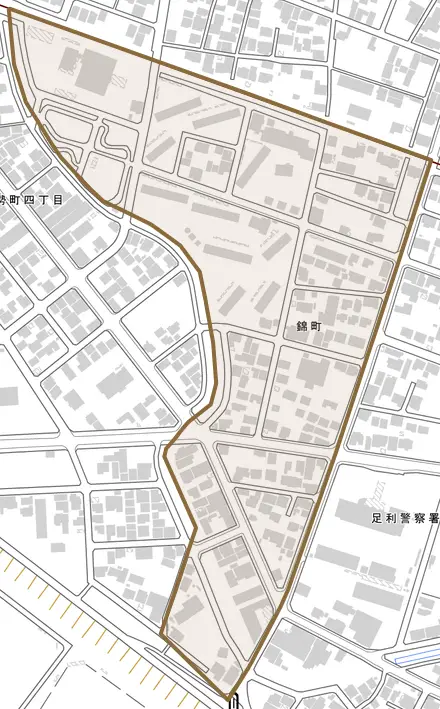 錦町とその周辺の地図。町の範囲を重ねている