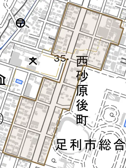 西砂原後町とその周辺の地図。町の範囲を重ねている