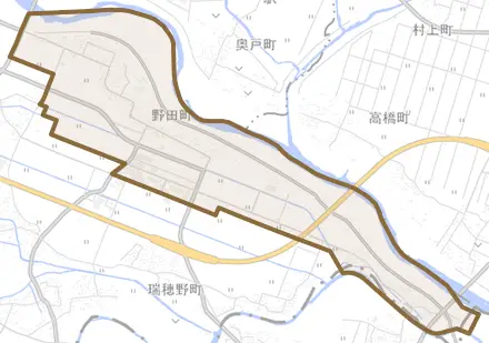 野田町とその周辺の地図。町の範囲を重ねている