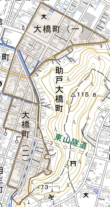 大橋町とその周辺の地図。町の範囲を重ねている