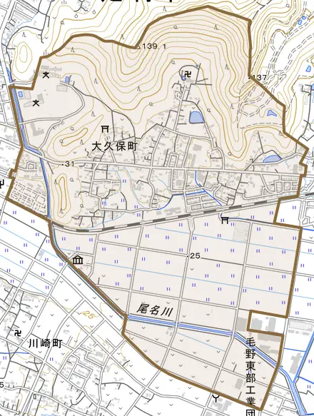 大久保町とその周辺の地図。町の範囲を重ねている