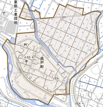 奥戸町とその周辺の地図。町の範囲を重ねている
