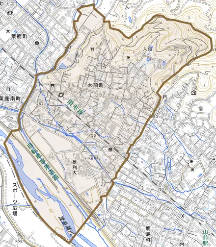 大前町とその周辺の地図。町の範囲を重ねている