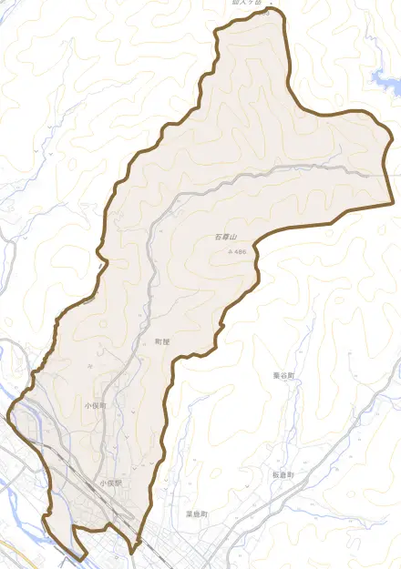 小俣町とその周辺の地図。町の範囲を重ねている