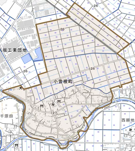 小曽根町とその周辺の地図。町の範囲を重ねている