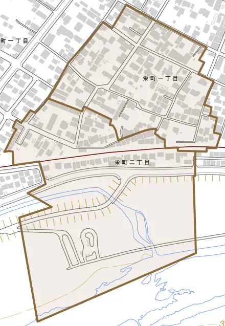 栄町とその周辺の地図。町の範囲を重ねている