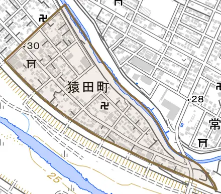 猿田町とその周辺の地図。町の範囲を重ねている