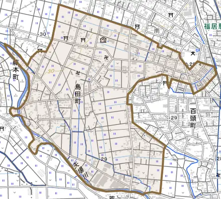 島田町とその周辺の地図。町の範囲を重ねている