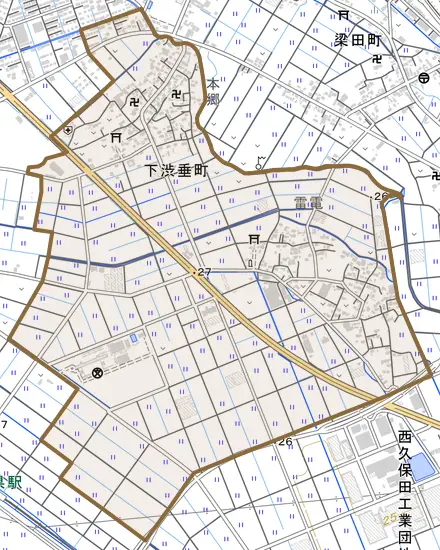 下渋垂町とその周辺の地図。町の範囲を重ねている