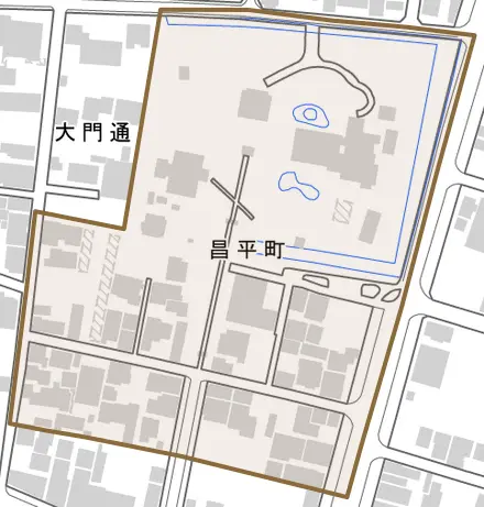 昌平町とその周辺の地図。町の範囲を重ねている