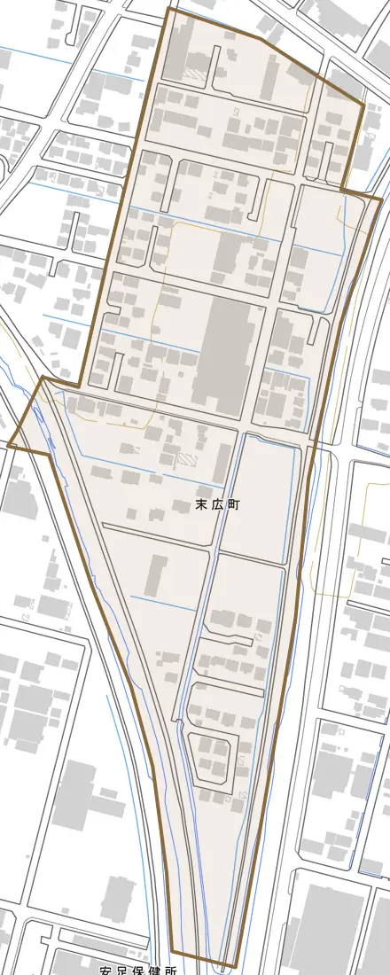 末広町とその周辺の地図。町の範囲を重ねている