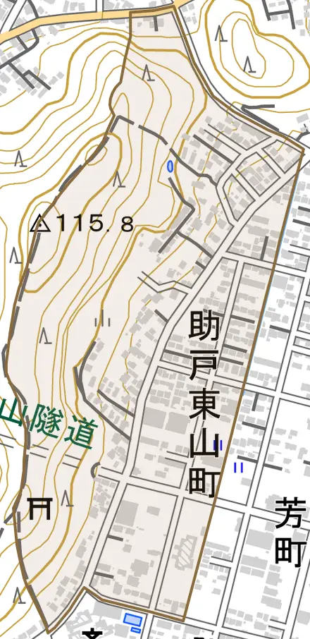 助戸東山町とその周辺の地図。町の範囲を重ねている