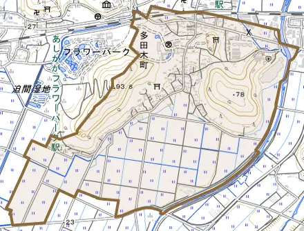 多田木町とその周辺の地図。町の範囲を重ねている