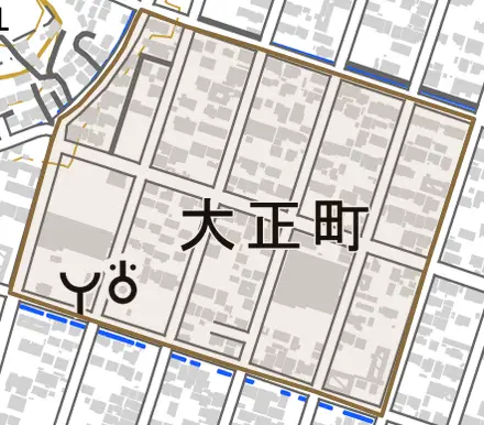 大正町とその周辺の地図。町の範囲を重ねている