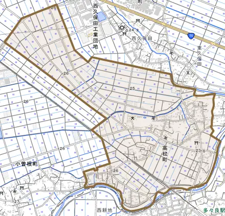 高松町とその周辺の地図。町の範囲を重ねている