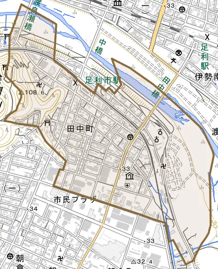 田中町とその周辺の地図。町の範囲を重ねている