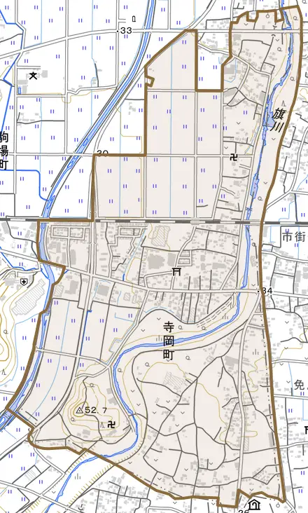 寺岡町とその周辺の地図。町の範囲を重ねている