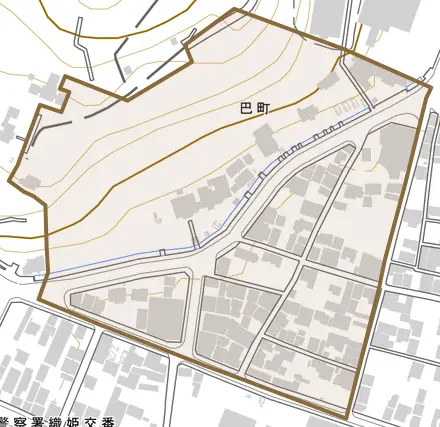巴町とその周辺の地図。町の範囲を重ねている