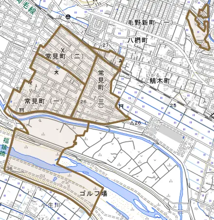 常見町とその周辺の地図。町の範囲を重ねている