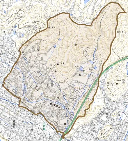 山下町とその周辺の地図。町の範囲を重ねている