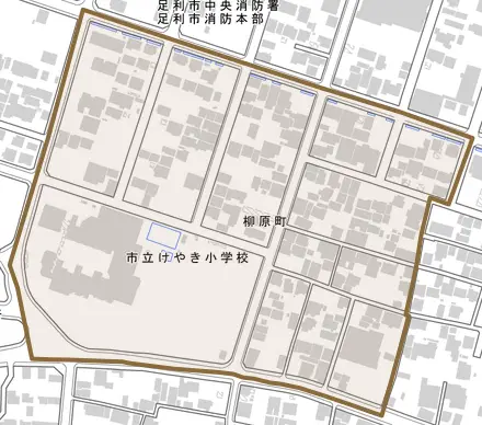 柳原町とその周辺の地図。町の範囲を重ねている