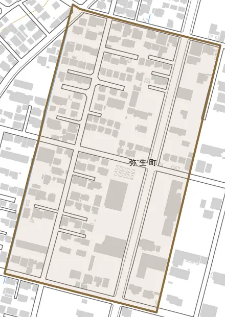 弥生町とその周辺の地図。町の範囲を重ねている