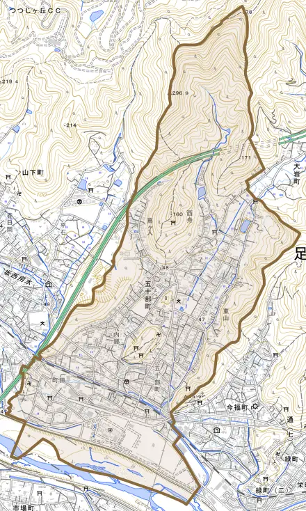 五十部町とその周辺の地図。町の範囲を重ねている