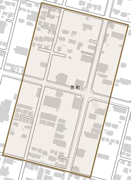 芳町とその周辺の地図。町の範囲を重ねている