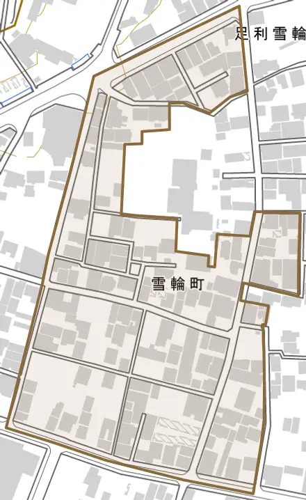 雪輪町とその周辺の地図。町の範囲を重ねている