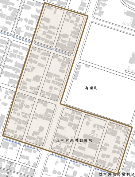 有楽町とその周辺の地図。町の範囲を重ねている