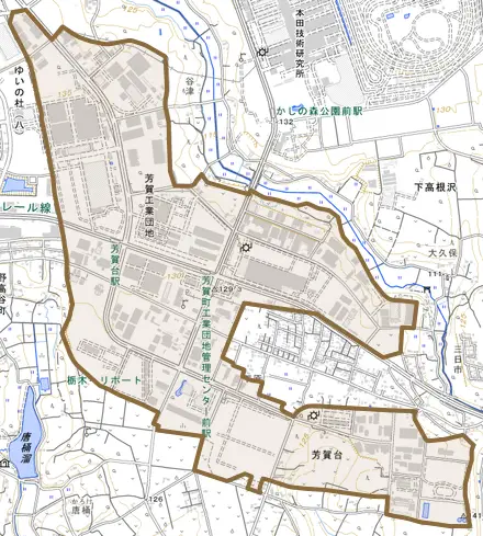 芳賀台とその周辺の地図。町の範囲を重ねている