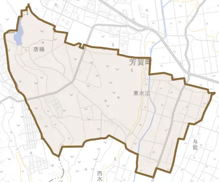 大字東水沼とその周辺の地図。町の範囲を重ねている
