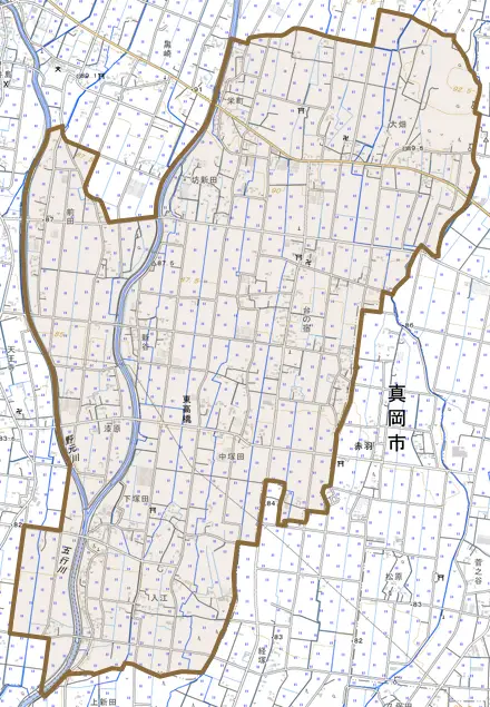 大字東高橋とその周辺の地図。町の範囲を重ねている
