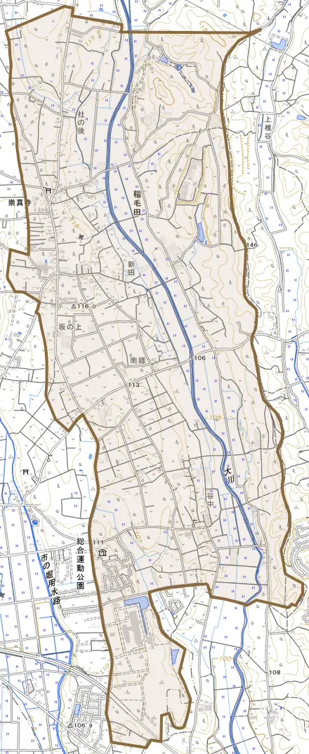 大字稲毛田とその周辺の地図。町の範囲を重ねている