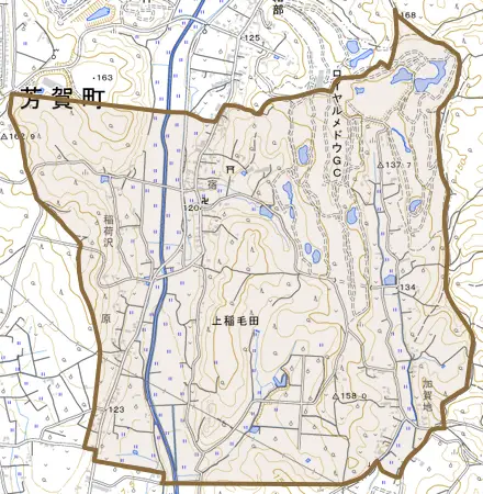 大字上稲毛田とその周辺の地図。町の範囲を重ねている
