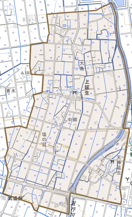 大字上延生とその周辺の地図。町の範囲を重ねている