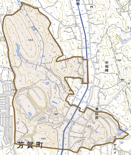 大字給部とその周辺の地図。町の範囲を重ねている