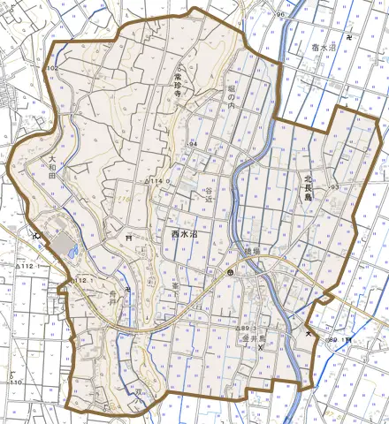大字西水沼とその周辺の地図。町の範囲を重ねている