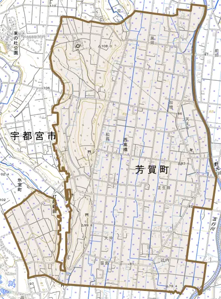 大字西高橋とその周辺の地図。町の範囲を重ねている