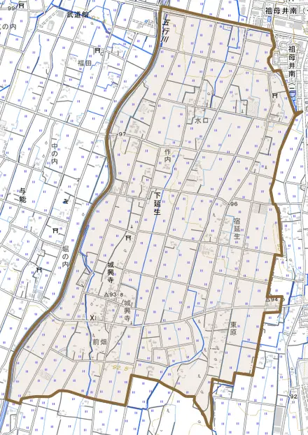 大字下延生とその周辺の地図。町の範囲を重ねている