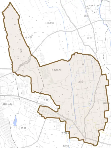 大字下高根沢とその周辺の地図。町の範囲を重ねている