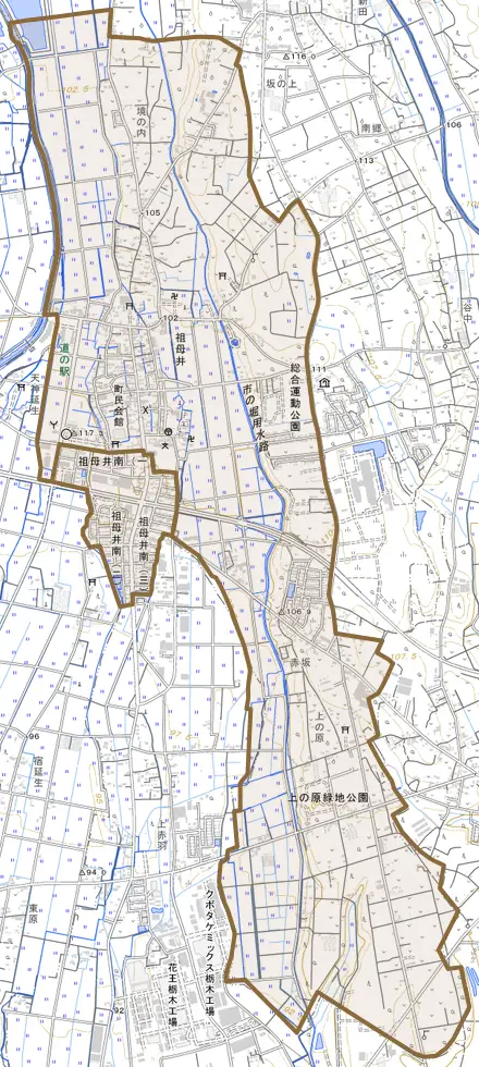 大字祖母井とその周辺の地図。町の範囲を重ねている