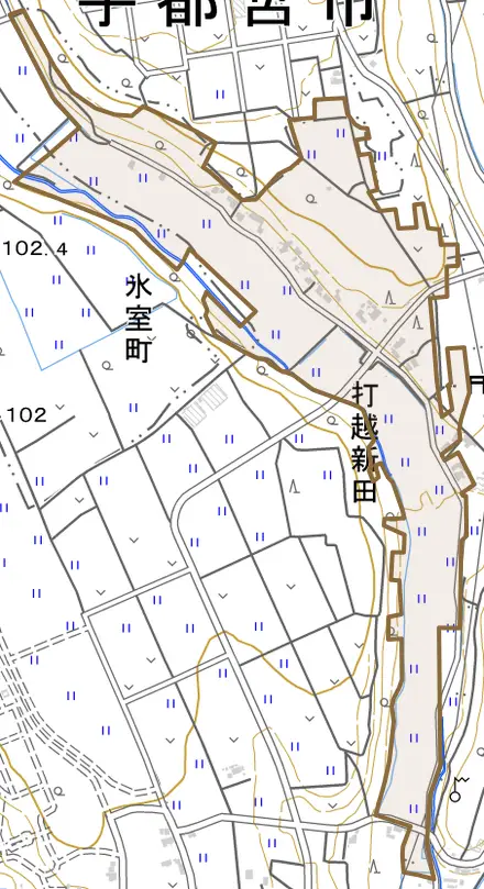 大字打越新田とその周辺の地図。町の範囲を重ねている