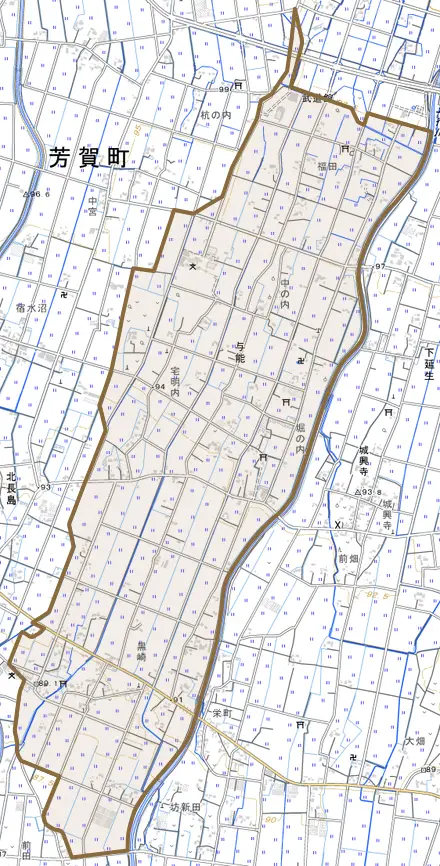 大字与能とその周辺の地図。町の範囲を重ねている
