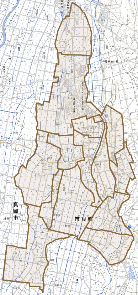 大字赤羽とその周辺の地図。町の範囲を重ねている
