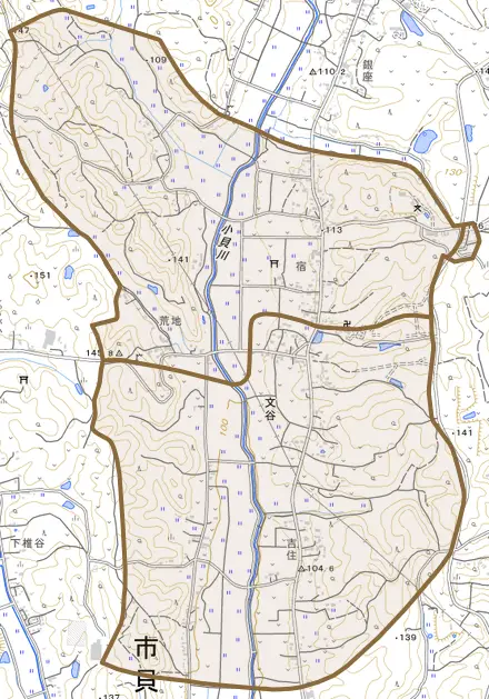 大字文谷とその周辺の地図。町の範囲を重ねている