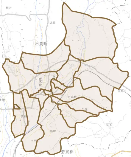 大字市塙とその周辺の地図。町の範囲を重ねている