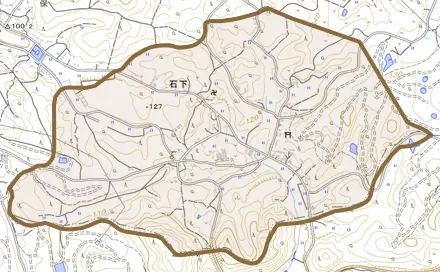 大字石下とその周辺の地図。町の範囲を重ねている