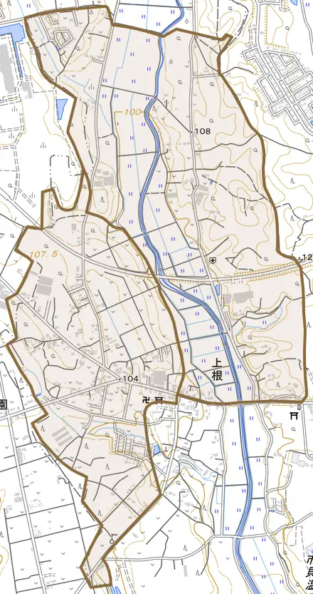 大字上根とその周辺の地図。町の範囲を重ねている